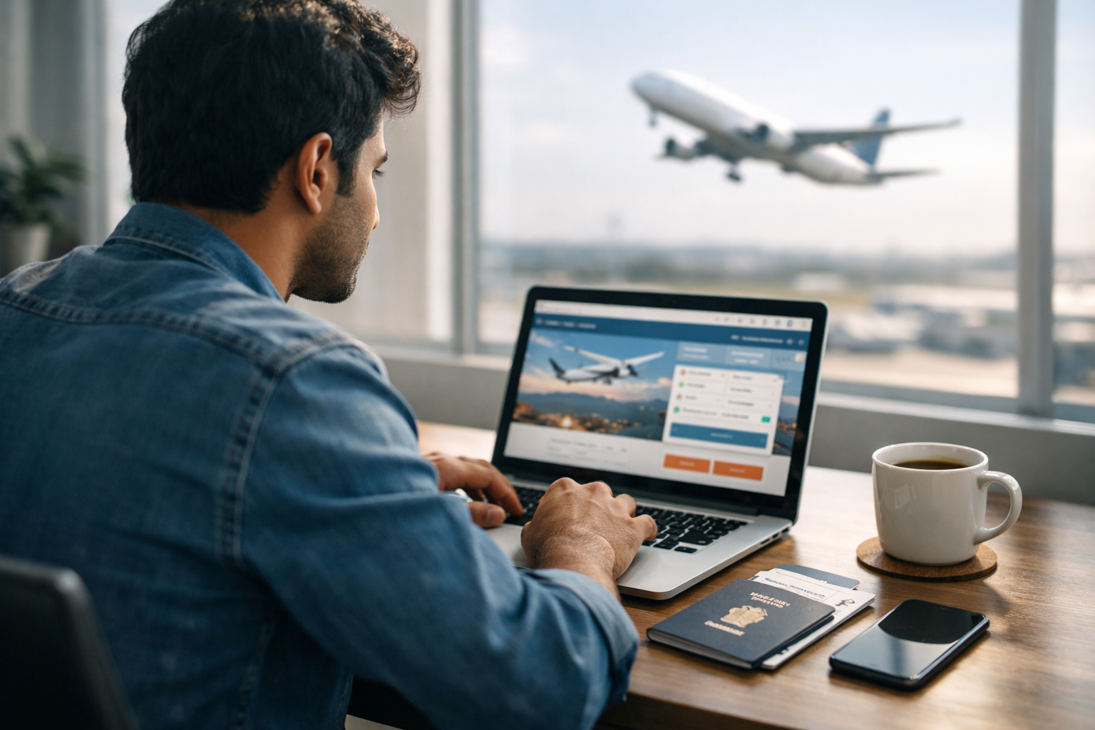 Indian traveler reserving flight tickets online early using laptop and passport